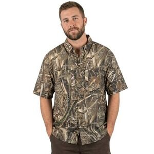 Drake Shirt Mens XL Brown Realtree Camo Short Sleeve Button Up Hunting Outdoors